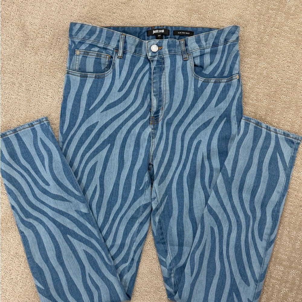 ROBERTO CAVALLI Just Cavalli Slim High Waist Blue Zebra Print Jeans Sz 30